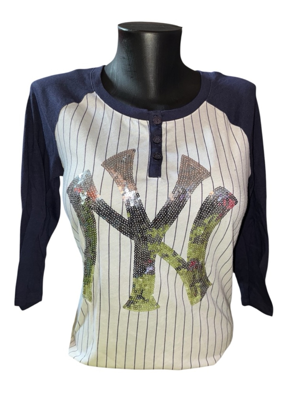 PINK Victoria's Secret Navy & White Sequin NY Baseball Tee